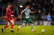 29 September 2023; Graham Burke of Shamrock Rovers in action against Jack Moylan of Shelbourne during the SSE Airtricity Men's Premier Division match between Shamrock Rovers and Shelbourne at Tallaght Stadium in Dublin. Photo by Stephen McCarthy/Sportsfile