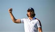 30 September 2023; Tommy Fleetwood of Europe celebrates an eagle on the 11th hole during the morning foursomes on day two of the 2023 Ryder Cup at Marco Simone Golf and Country Club in Rome, Italy. Photo by Ramsey Cardy/Sportsfile