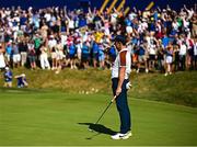 30 September 2023; Rory McIlroy of Europe celebrates a putt on the 17th hole to win the match during the morning foursomes on day two of the 2023 Ryder Cup at Marco Simone Golf and Country Club in Rome, Italy. Photo by Ramsey Cardy/Sportsfile