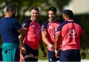 30 September 2023; Head coach Andy Farrell speaks to players, from left, Peter O’Mahony, Conor Murray and Bundee Aki during an Ireland rugby squad training session at Complexe de la Chambrerie in Tours, France. Photo by Harry Murphy/Sportsfile