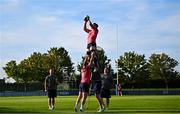30 September 2023; Peter O’Mahony is lifted in a lineout by Dave Kilcoyne and forwards coach Paul O'Connell during an Ireland rugby squad training session at Complexe de la Chambrerie in Tours, France. Photo by Harry Murphy/Sportsfile