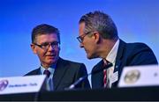 30 September 2023; Uachtarán Tofa Chumann Lúthchleas Gael Jarlath Burns, right, in conversation with Ard Stiúrthóir of the GAA Tom Ryan during the GAA Special Congress at Croke Park in Dublin. Photo by Ben McShane/Sportsfile