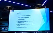 30 September 2023; A view of the screen of motion 9, regarding the associations policy to maintain gender balance in the membership of the Central Council Management Comittee, during the GAA Special Congress at Croke Park in Dublin. Photo by Ben McShane/Sportsfile