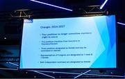 30 September 2023; A view of the screen of motion 9, regarding the associations policy to maintain gender balance in the membership of the Central Council Management Comittee, during the GAA Special Congress at Croke Park in Dublin. Photo by Ben McShane/Sportsfile