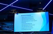 30 September 2023; A view of the screen of motion 9, regarding the associations policy to maintain gender balance in the membership of the Central Council Management Comittee, during the GAA Special Congress at Croke Park in Dublin. Photo by Ben McShane/Sportsfile