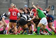 30 September 2023; Barbarians players celebrate their first try during the women's representative match between Munster and Barbarians at Thomond Park in Limerick. Photo by David Fitzgerald/Sportsfile