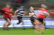 30 September 2023; Megan Gaffney of Barbarians on her way to scoring her side's fourth try during the women's representative match between Munster and Barbarians at Thomond Park in Limerick. Photo by David Fitzgerald/Sportsfile