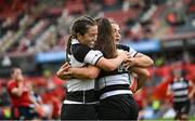 30 September 2023; Maria Magatti of Barbarians, centre, is congratulated by teammates after scoring their side's sixth try during the women's representative match between Munster and Barbarians at Thomond Park in Limerick. Photo by David Fitzgerald/Sportsfile