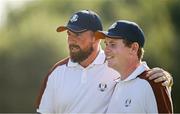 30 September 2023; Shane Lowry of Europe encourages team-mate Robert MacIntyre during the afternoon fourball matches on day two of the 2023 Ryder Cup at Marco Simone Golf and Country Club in Rome, Italy. Photo by Brendan Moran/Sportsfile