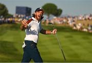30 September 2023; Tommy Fleetwood of Europe celebrates after chipping in on the 16th hole during the afternoon fourball matches on day two of the 2023 Ryder Cup at Marco Simone Golf and Country Club in Rome, Italy. Photo by Brendan Moran/Sportsfile