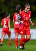 30 September 2023; Pearl Slattery of Shelbourne celebrates after scoring her side's first goal during the SSE Airtricity Women's Premier Division match between DLR Waves FC and Shelbourne FC at UCD Bowl in Dublin. Photo by Tyler Miller/Sportsfile