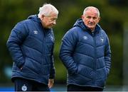 30 September 2023; Shelbourne manager Noel King, right, and Shelbourne first team coach Joey Malone during the SSE Airtricity Women's Premier Division match between DLR Waves FC and Shelbourne FC at UCD Bowl in Dublin. Photo by Tyler Miller/Sportsfile