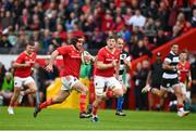 30 September 2023; Diarmuid Barron of Munster on his way to scoring his side's first try during the representative match between Munster and Barbarians at Thomond Park in Limerick. Photo by David Fitzgerald/Sportsfile