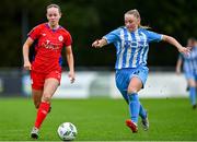 30 September 2023; Kerri Letmon of Shelbourne in action against Nicole Keogh of DLR Waves during the SSE Airtricity Women's Premier Division match between DLR Waves FC and Shelbourne FC at UCD Bowl in Dublin. Photo by Tyler Miller/Sportsfile