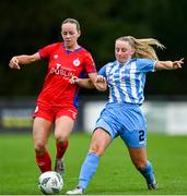 30 September 2023; Kerri Letmon of Shelbourne is tackled by Nicole Keogh of DLR Waves during the SSE Airtricity Women's Premier Division match between DLR Waves FC and Shelbourne FC at UCD Bowl in Dublin. Photo by Tyler Miller/Sportsfile
