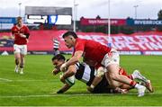 30 September 2023; Lucas Tauzin of Barbarians scores his side's fourth try during the representative match between Munster and Barbarians at Thomond Park in Limerick. Photo by David Fitzgerald/Sportsfile