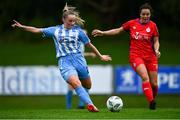 30 September 2023; Nicole Keogh of DLR Waves in action against Noelle Murray of Shelbourne during the SSE Airtricity Women's Premier Division match between DLR Waves FC and Shelbourne FC at UCD Bowl in Dublin. Photo by Tyler Miller/Sportsfile