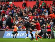 30 September 2023; Loann Goujon of Barbarians in action against Antoine Frisch of Munster during the representative match between Munster and Barbarians at Thomond Park in Limerick. Photo by David Fitzgerald/Sportsfile