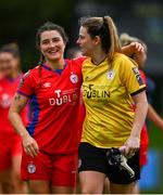 30 September 2023; Keeva Keenan of Shelbourne, left, and team-mate Amanda McQuillan celebrate after their side's victory in the SSE Airtricity Women's Premier Division match between DLR Waves FC and Shelbourne FC at UCD Bowl in Dublin. Photo by Tyler Miller/Sportsfile