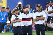 30 September 2023; USA captain Zach Johnson, left, with USA players Patrick Cantlay, centre, and Wyndham Clark during the afternoon fourball matches on day two of the 2023 Ryder Cup at Marco Simone Golf and Country Club in Rome, Italy. Photo by Ramsey Cardy/Sportsfile