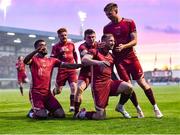 15 September 2023; Stephen Walsh of Galway United, centre, celebrates with teammates after scoring his side's first goal during the Sports Direct Men’s FAI Cup quarter-final match between Galway United and Dundalk at Eamonn Deacy Park in Galway. Photo by John Sheridan/Sportsfile