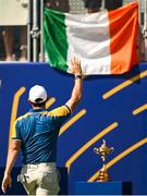 1 October 2023; Rory McIlroy of Europe waves to the gallery on the first tee during the singles matches on the final day of the 2023 Ryder Cup at Marco Simone Golf and Country Club in Rome, Italy. Photo by Brendan Moran/Sportsfile