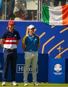1 October 2023; Rory McIlroy of Europe and Sam Burns of USA on the first tee box during the singles matches on the final day of the 2023 Ryder Cup at Marco Simone Golf and Country Club in Rome, Italy. Photo by Brendan Moran/Sportsfile