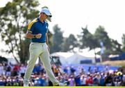 1 October 2023; Rory McIlroy of Europe celebrates a putt on the third green during the singles matches on the final day of the 2023 Ryder Cup at Marco Simone Golf and Country Club in Rome, Italy. Photo by Ramsey Cardy/Sportsfile