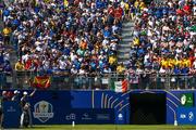 1 October 2023; Rory McIlroy of Europe acknowledges the reception from the crowd on the first tee box during the singles matches on the final day of the 2023 Ryder Cup at Marco Simone Golf and Country Club in Rome, Italy. Photo by Brendan Moran/Sportsfile