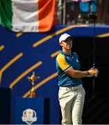 1 October 2023; Rory McIlroy of Europe watches his tee shot on the first hole during the singles matches on the final day of the 2023 Ryder Cup at Marco Simone Golf and Country Club in Rome, Italy. Photo by Brendan Moran/Sportsfile