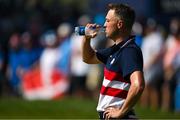 1 October 2023; Justin Thomas of USA takes a drink of water on the first green during the singles matches on the final day of the 2023 Ryder Cup at Marco Simone Golf and Country Club in Rome, Italy. Photo by Brendan Moran/Sportsfile