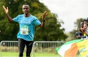 1 October 2023; Kahumburuka Ivan Tuahuku celebrates on his way to winning the Permanent TSB Sanctuary Run 2023 at the Cross Country track of the Sport Ireland Campus in Dublin. The Permanent TSB Sanctuary Run on the Sport Ireland campus attracted nearly 1,000 participants including refugees from Direct Provision centres across Ireland, Ukrainian people in Dublin, locals and Irish Olympians. The event, to celebrate diversity and interculturalism in Ireland today, was run by the Sanctuary Runners’ organisation and supported by the Olympic Federation of Ireland and Athletics Ireland. Photo by Stephen McCarthy/Sportsfile