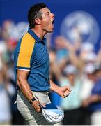 1 October 2023; Rory McIlroy of Europe celebrates on the 17th green after winning his match against Sam Burns of USA  during the singles matches on the final day of the 2023 Ryder Cup at Marco Simone Golf and Country Club in Rome, Italy. Photo by Ramsey Cardy/Sportsfile
