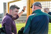 1 October 2023; Current Kilkenny hurling manager Derek Lyng, left, and former Kilkenny Hurling manager Brian Cody before the Kilkenny County Senior Hurling Championship quarter-final match between Shamrocks Ballyhale and Dicksboro at UPMC Nowlan Park in Kilkenny. Photo by Tyler Miller/Sportsfile