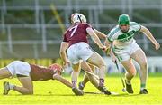 1 October 2023; Evan Shefflin of Shamrocks Ballyhale in action against Timmy Clifford of Dicksboro, centre, and Adrian Mullen, left, during the Kilkenny County Senior Hurling Championship quarter-final match between Shamrocks Ballyhale and Dicksboro at UPMC Nowlan Park in Kilkenny. Photo by Tyler Miller/Sportsfile