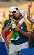 1 October 2023; Shane Lowry of Europe celebrates with the Ryder cup after the singles matches on the final day of the 2023 Ryder Cup at Marco Simone Golf and Country Club in Rome, Italy. Photo by Brendan Moran/Sportsfile