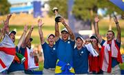 1 October 2023; Ludvig Åberg of Europe lifts the trophy after the final day of the 2023 Ryder Cup at Marco Simone Golf and Country Club in Rome, Italy. Photo by Ramsey Cardy/Sportsfile