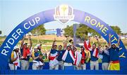 1 October 2023; Tyrrell Hatton of Europe lifts the trophy after the final day of the 2023 Ryder Cup at Marco Simone Golf and Country Club in Rome, Italy. Photo by Ramsey Cardy/Sportsfile