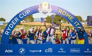 1 October 2023; Tommy Fleetwood of Europe lifts the trophy after the final day of the 2023 Ryder Cup at Marco Simone Golf and Country Club in Rome, Italy. Photo by Ramsey Cardy/Sportsfile