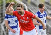 1 October 2023; Murtough Ware of Éire Óg celebrates after scoring his side's second goal during the Carlow County Senior Club Football Championship final match between Tinryland and Éire Óg at Netwatch Cullen Park in Carlow. Photo by Matt Browne/Sportsfile