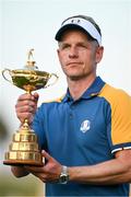 1 October 2023; Europe captain Luke Donald with the cup after the singles matches on the final day of the 2023 Ryder Cup at Marco Simone Golf and Country Club in Rome, Italy. Photo by Brendan Moran/Sportsfile