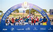 1 October 2023; Shane Lowry of Europe lifts the trophy after the final day of the 2023 Ryder Cup at Marco Simone Golf and Country Club in Rome, Italy. Photo by Ramsey Cardy/Sportsfile