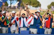 1 October 2023; Rory McIlroy of Europe lifting the cup after the singles matches on the final day of the 2023 Ryder Cup at Marco Simone Golf and Country Club in Rome, Italy. Photo by Brendan Moran/Sportsfile