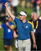 1 October 2023; Europe captain Luke Donald celebrates on the 18th green after the final day of the 2023 Ryder Cup at Marco Simone Golf and Country Club in Rome, Italy. Photo by Ramsey Cardy/Sportsfile