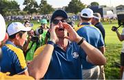 1 October 2023; Rory McIlroy of Europe celebrates on the 18th hole after the final day of the 2023 Ryder Cup at Marco Simone Golf and Country Club in Rome, Italy. Photo by Ramsey Cardy/Sportsfile