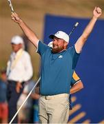 1 October 2023; Shane Lowry of Europe celebrates on the 17th green, upon learning that his side had won the Ryder Cup, during the singles matches on the final day of the 2023 Ryder Cup at Marco Simone Golf and Country Club in Rome, Italy. Photo by Brendan Moran/Sportsfile