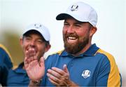 1 October 2023; Shane Lowry of Europe, right, and teammate Rory McIlroy, celebrate after the final day of the 2023 Ryder Cup at Marco Simone Golf and Country Club in Rome, Italy. Photo by Brendan Moran/Sportsfile