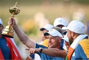 1 October 2023; Europe captain Luke Donald, Rory McIlroy and Shane Lowry celebrate with the Ryder Cup after the final day of the 2023 Ryder Cup at Marco Simone Golf and Country Club in Rome, Italy. Photo by Brendan Moran/Sportsfile