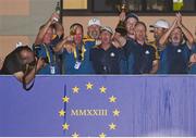 1 October 2023; Europe captain Luke Donald and Rory McIlroy celebrate with caddies and the Ryder Cup after the final day of the 2023 Ryder Cup at Marco Simone Golf and Country Club in Rome, Italy. Photo by Brendan Moran/Sportsfile