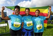 1 October 2023; Participants, from left, Gladmore Manzanga, Nontokozo Ncube and Thandiswa Bhebhe, originally from Zimbabwe, during the Permanent TSB Sanctuary Run 2023 at the Cross Country track of the Sport Ireland Campus in Dublin. The Permanent TSB Sanctuary Run on the Sport Ireland campus attracted nearly 1,000 participants including refugees from Direct Provision centres across Ireland, Ukrainian people in Dublin, locals and Irish Olympians. The event, to celebrate diversity and interculturalism in Ireland today, was run by the Sanctuary Runners’ organisation and supported by the Olympic Federation of Ireland and Athletics Ireland. Photo by Stephen McCarthy/Sportsfile